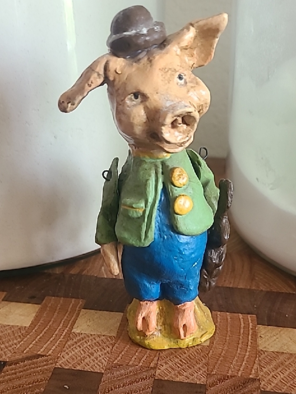 Bethany Lowe Green-Jacket Blue-Overalls Pig Figurine